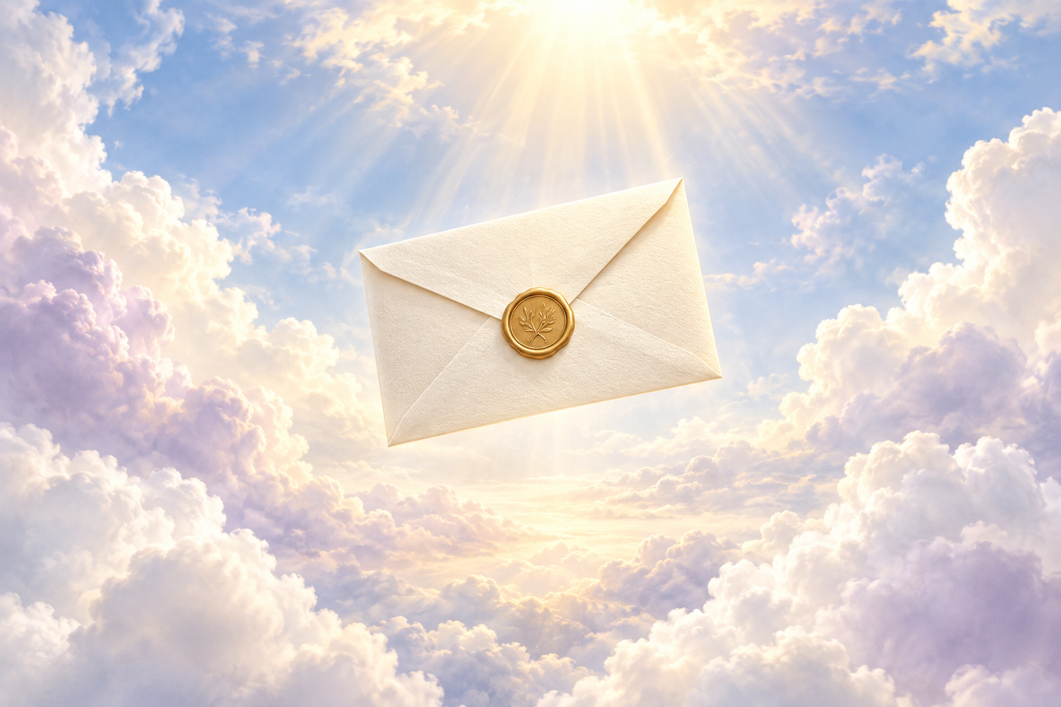 Uma carta de papel marfim subindo entre nuvens azuis e raios suaves de luz dourada
